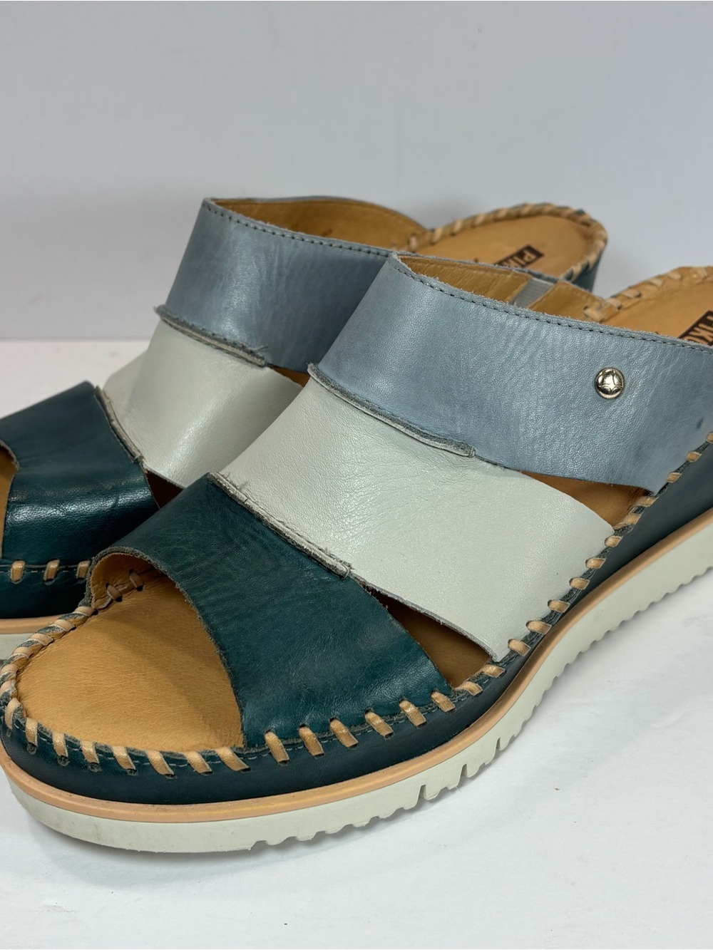 Pikolinos Aguadulce Wedge Sandals Women 10 Patchwork Blue Leather Preppy Slip On